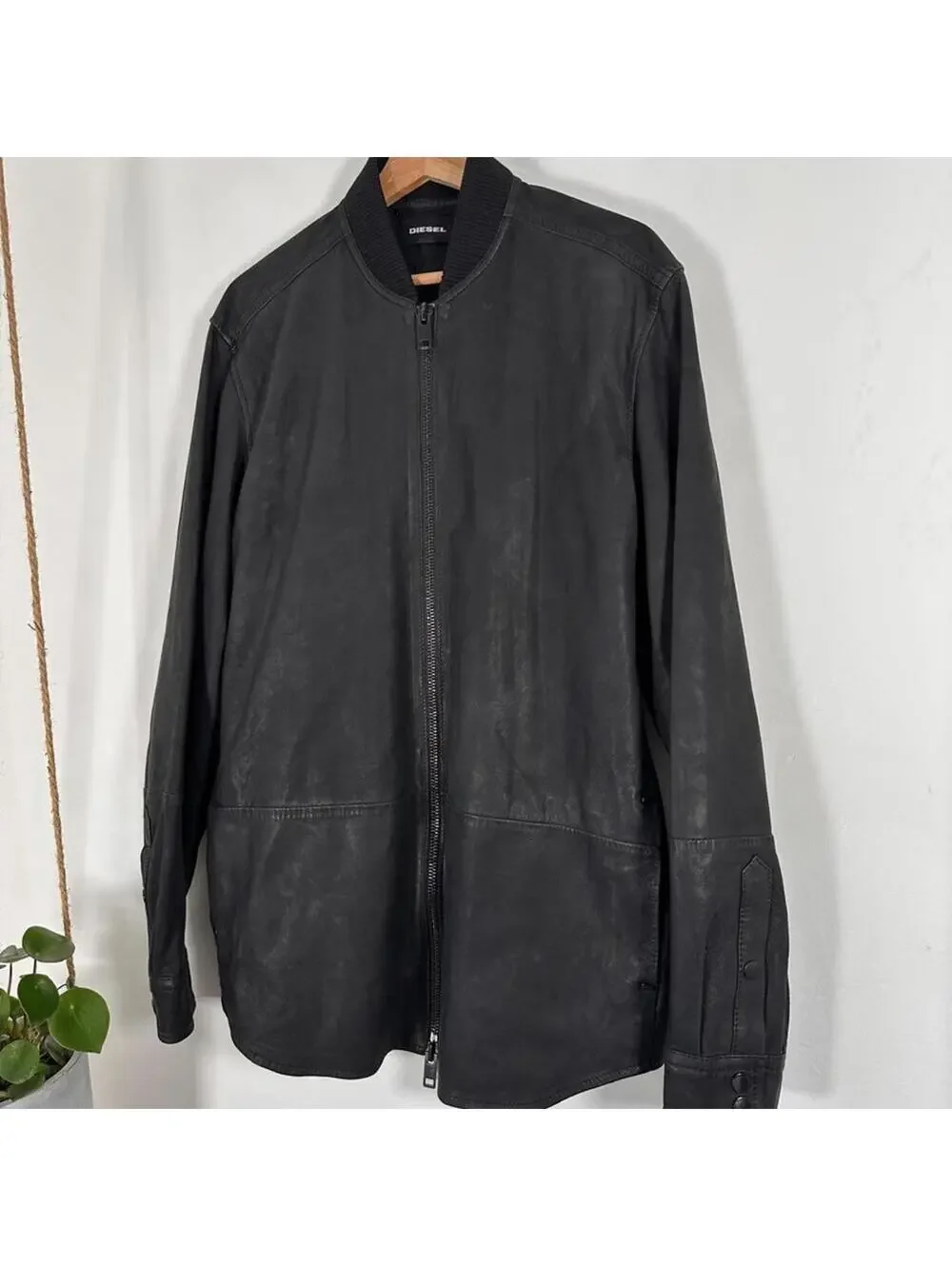 Diesel Black Leather Bomber Jacket XL Streetwear Moto Minimalist‎ Shirt Jacket